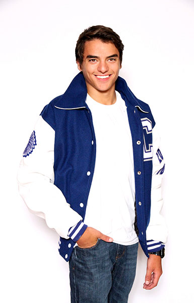 Front view of the Wool varsity jacket with White Leather sleeves, Sport Collar with Leather Under collar, 2-color Cuffs and Leather Pocket Trim