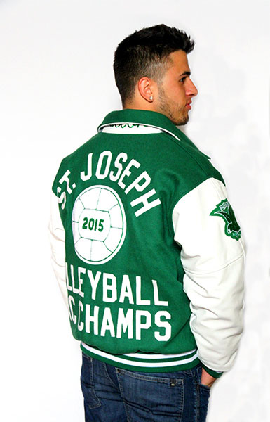 Back view of the Wool varsity jacket with Leather Sleeves, Sport Collar with Leather Under Collar, 2-color Cuffs and Leather Pocket Trim