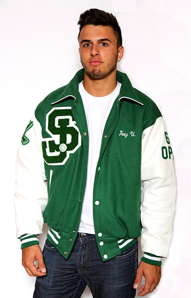 Front view of the Wool varsity jacket with Leather Sleeves, Sport Collar with Leather Under Collar, 2-color Cuffs and Leather Pocket Trim