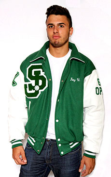 Wool varsity jacket with Leather Sleeves, Sport Collar with Leather Under Collar, 2-color Cuffs and Leather Pocket Trim