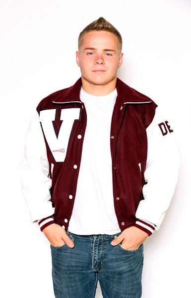 Front view of the Wool varsity jacket in Cardinal with White Leather sleeves, Sport Collar with Leather Under collar, 2-color Cuffs and Leather Pocket Trim