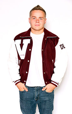 Wool varsity jacket in Cardinal with White Leather sleeves, Sport Collar with Leather Under Collar, 2-color Cuffs and Leather Pocket Trim