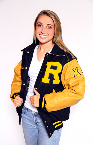 Front view of the Wool varsity jacket in Dark Royal with Gold Leather sleeves, Sport Collar with Leather Under collar and Leather Pocket Trim in Gold