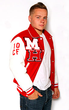 Wool varsity jacket with White Leather sleeves, Sport Collar with Leather Under Collar, 2-color Cuffs and Leather Pocket Trim