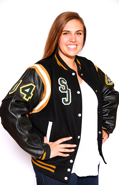 Front view of the Wool varsity jacket with Black Leather sleeves, 2-color Knit Collar, Cuffs and Trim, Leather Shoulder Stripes and Leather Pocket Trim