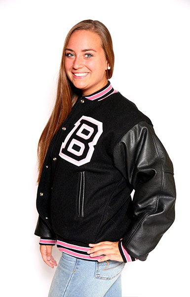 Front view of the Wool varsity jacket with Black Leather sleeves, 2-color Knit Collar with White Feathering, Cuffs and Trim and Leather Pocket Trim