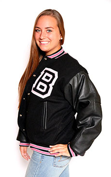 Wool varsity jacket with Black Leather sleeves, 2-color Knit Collar with White Feathering, Cuffs and Trim and Leather Pocket Trim