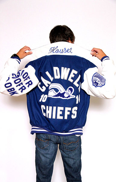 Back view of the Wool varsity jacket with White Leather sleeves, Sport Collar with Leather Under collar, 2-color Cuffs and Leather Pocket Trim