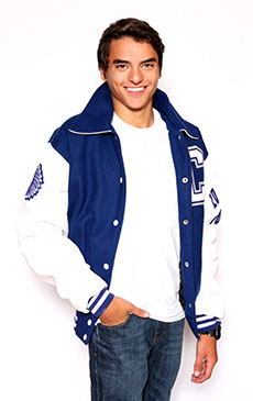 Wool varsity jacket with White Leather sleeves, Sport Collar  with Leather Under Collar, 2-color Cuffs and Leather Pocket Trim