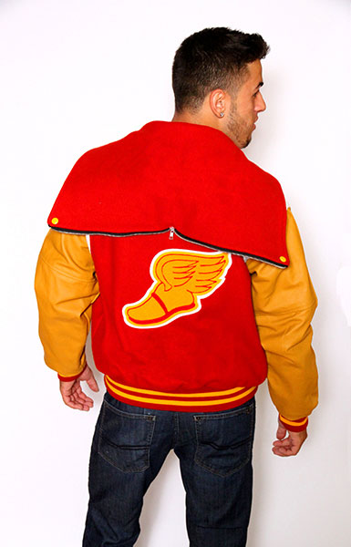 Back view of the Wool varsity jacket with Gold Leather sleeves, Zippered Hood, Leather Shoulder Stripe, 2-color Cuffs and Leather Pocket Trim