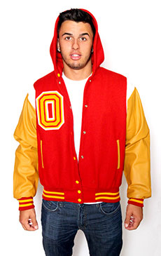 Wool varsity jacket with Golden Leather sleeves, Zippered Hood, Leather Shoulder Stripe, 2-color Cuffs and Leather Pocket Trim